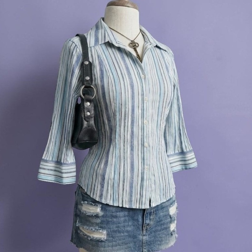 y2k Fitted Blue Striped Button Down 3/4 Sleeve Shirt small Stretchy